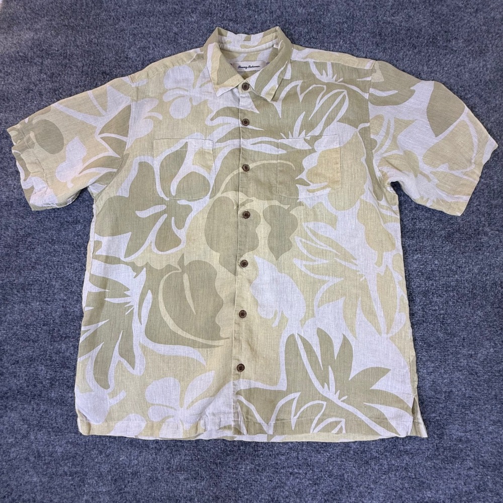 Tommy Bahama Mens Large Linen Floral Leaf Print Button Down Shirt Sage Green